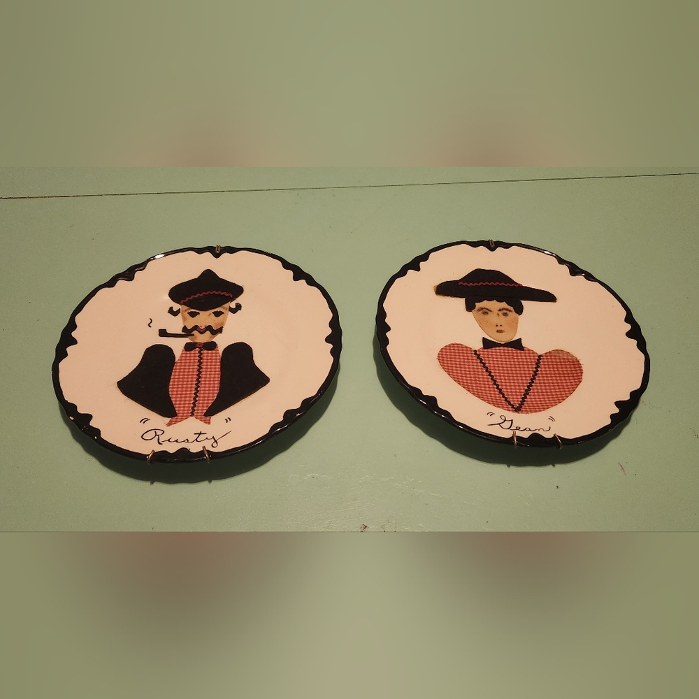 Vintage Folk Art 1950's Decorative Felt Plates with Black and Pink Design